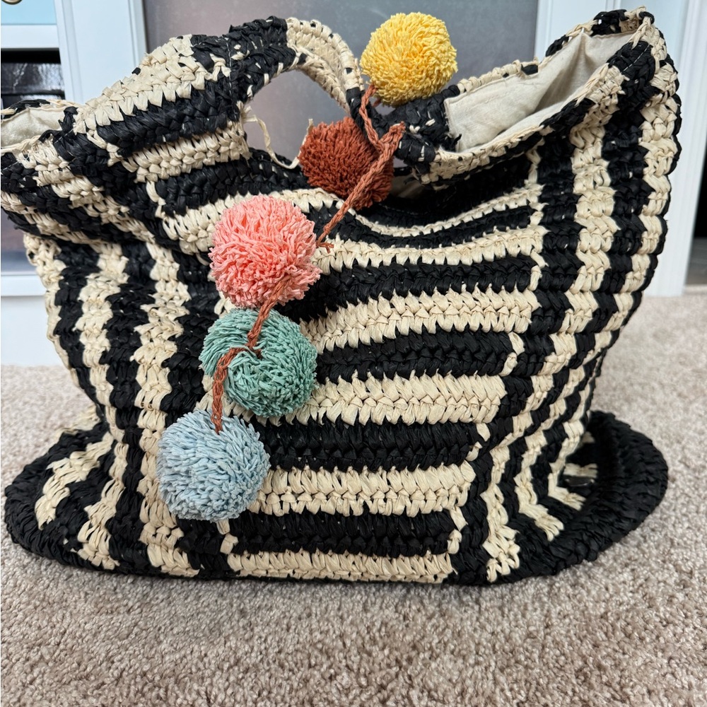 Billabong Black and Cream Woven Tote Bag with Pom Poms